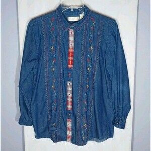 Vtg Womens Denim Top Sz L Embroidered Oversized Grandmacore Cottagecore Cowgirl